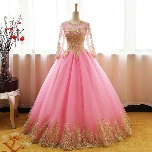 Long Sleeve Pink Tulle Quinceanera ...
